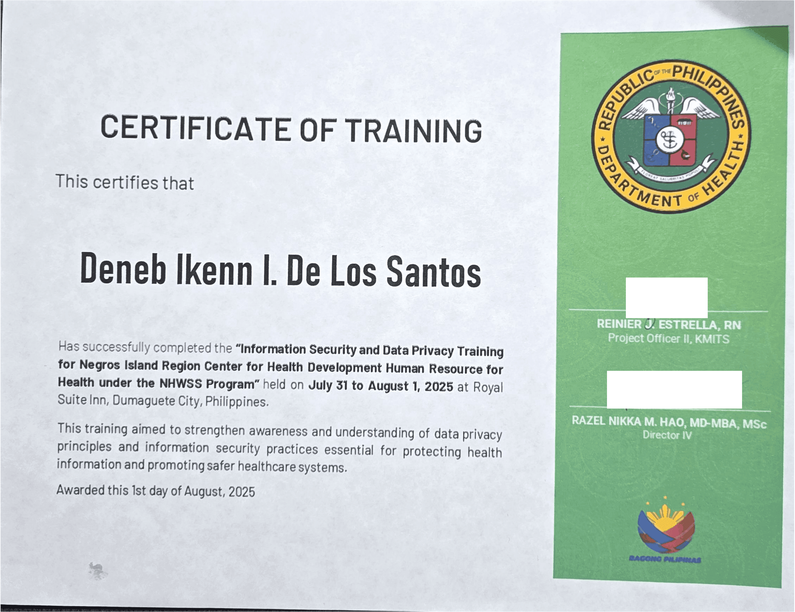 Information Security and Data Privacy Training certificate