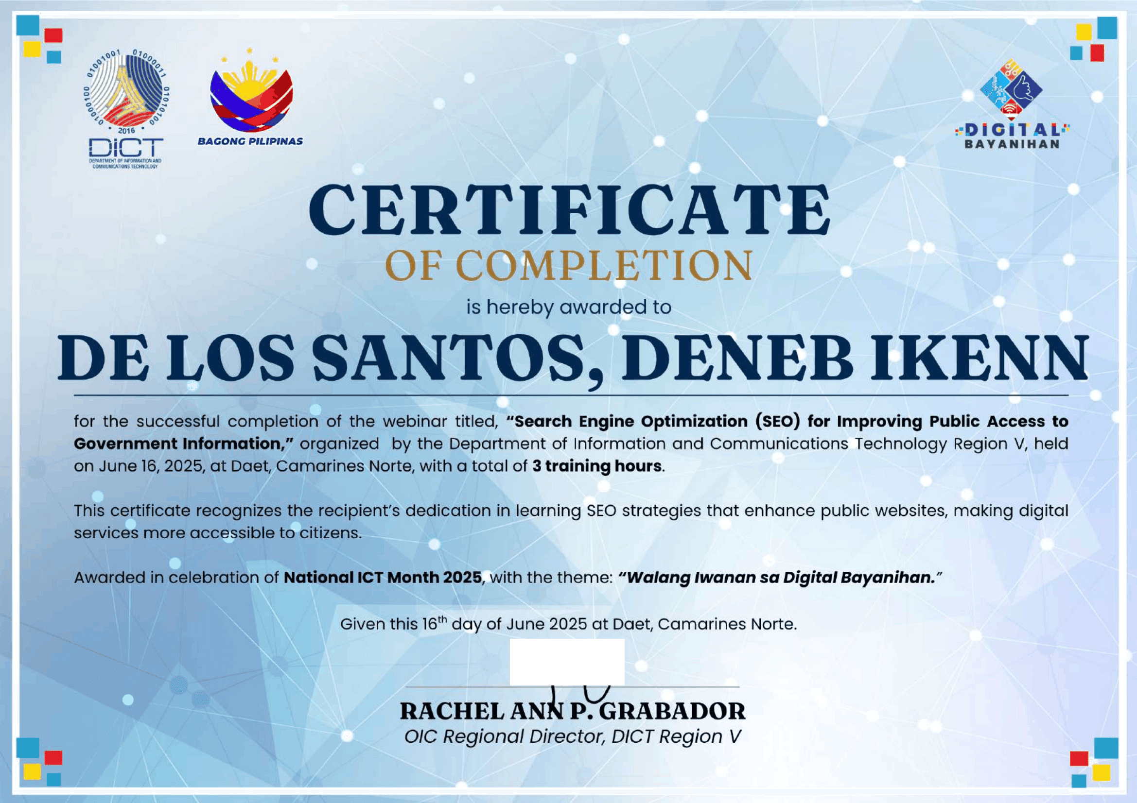 SEO for Improving Public Access to Government Information certificate