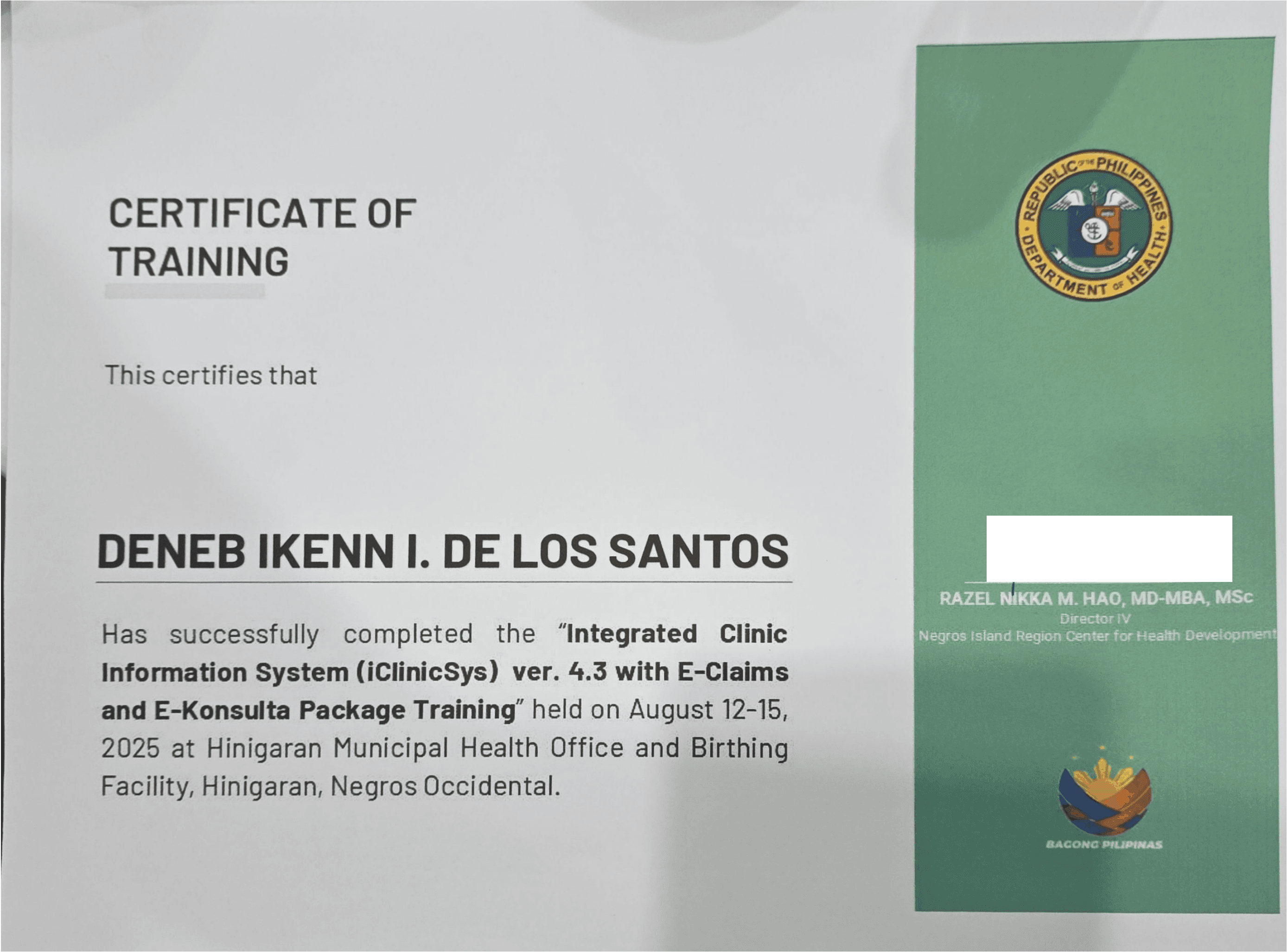 Certificate of Training - iClinicSys certificate